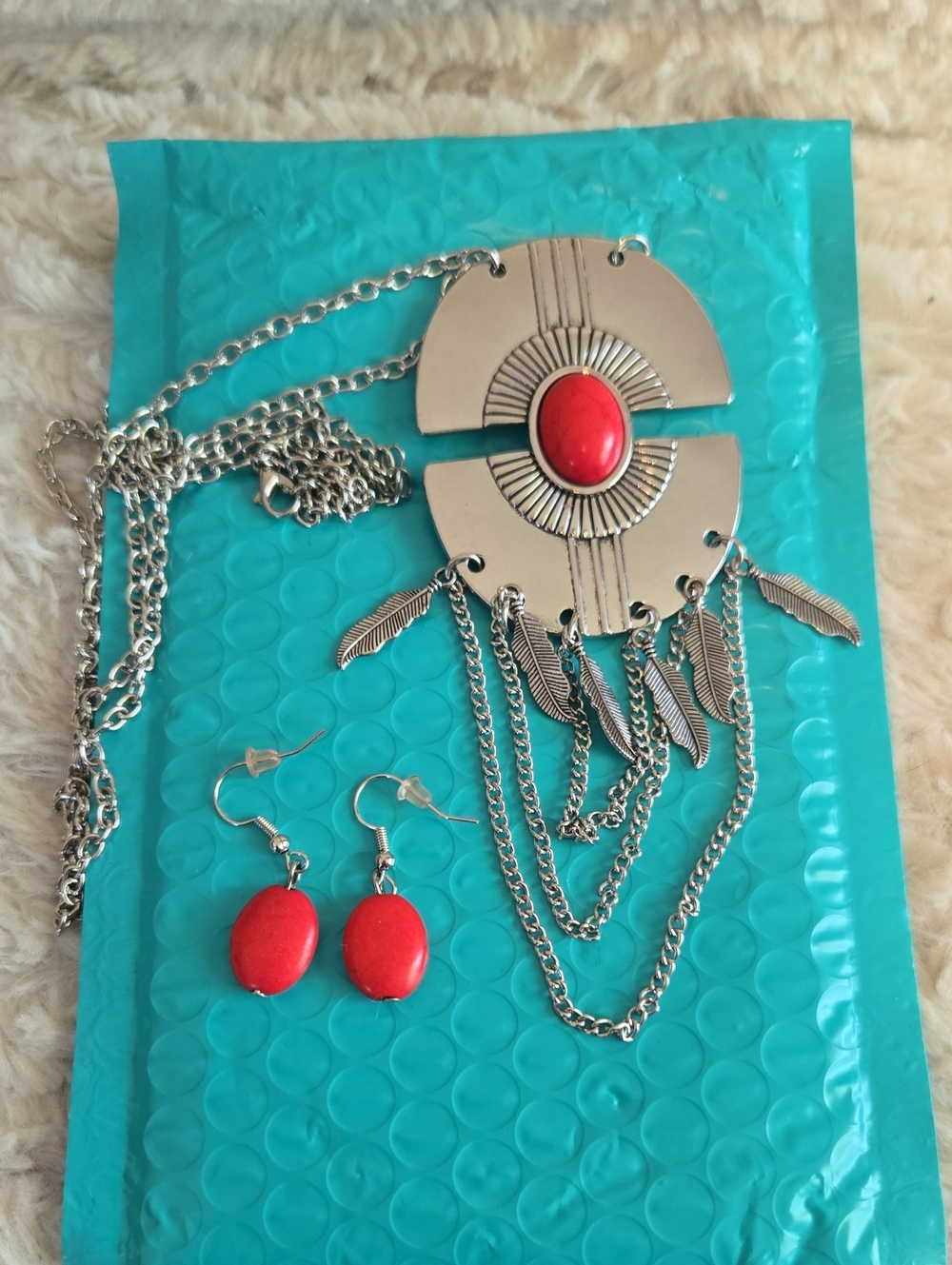 Silver-Tone Necklace and Earrings Set with Red Stone Accents